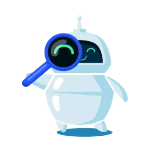 AI search optimization concept illustrated by a robot holding a magnifying glass, symbolizing AEO, GEO, and SEvO strategies in Thrissur