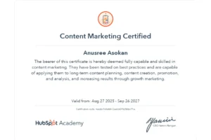 hubspot content marketing certificate achieved by best freelance digital marketer in thrissur